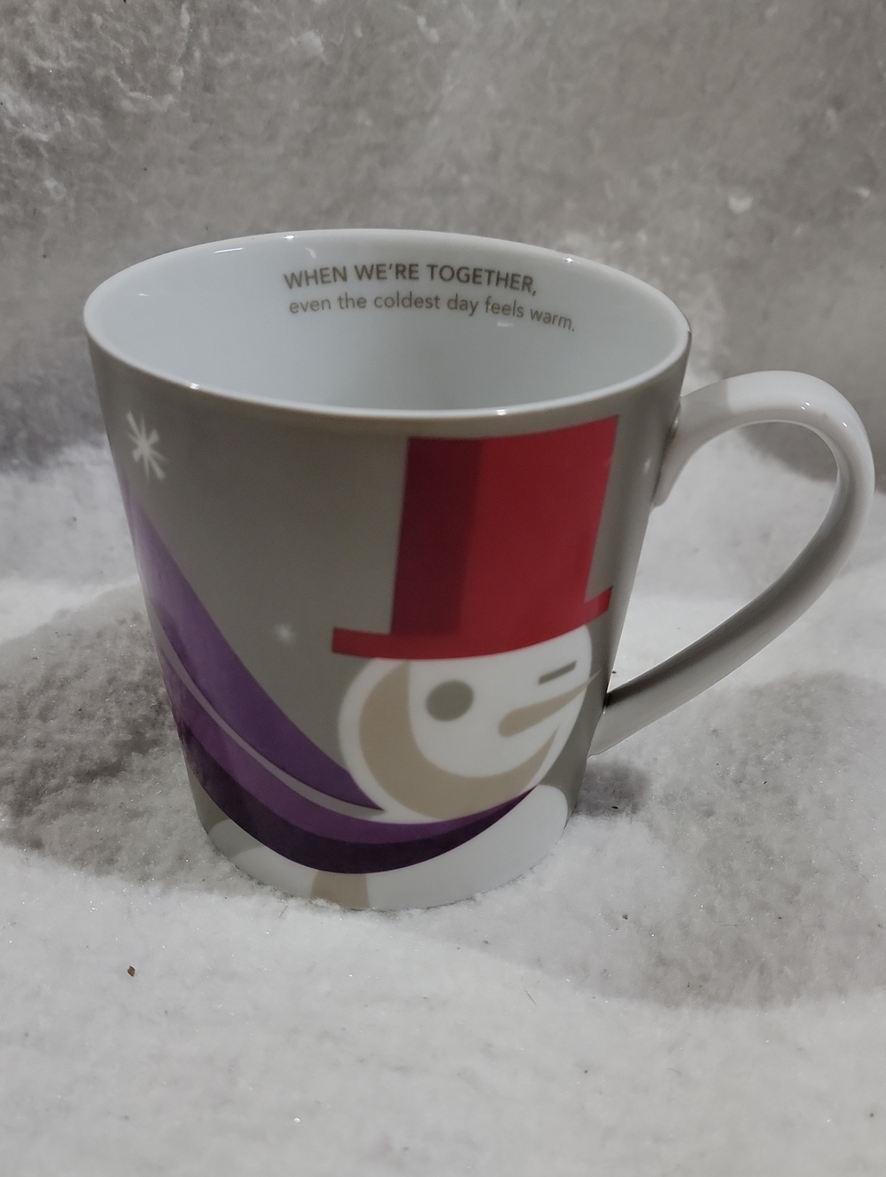 Starbucks Gray Snowman Mug with Red Top Hat and Purple Scarf 2011